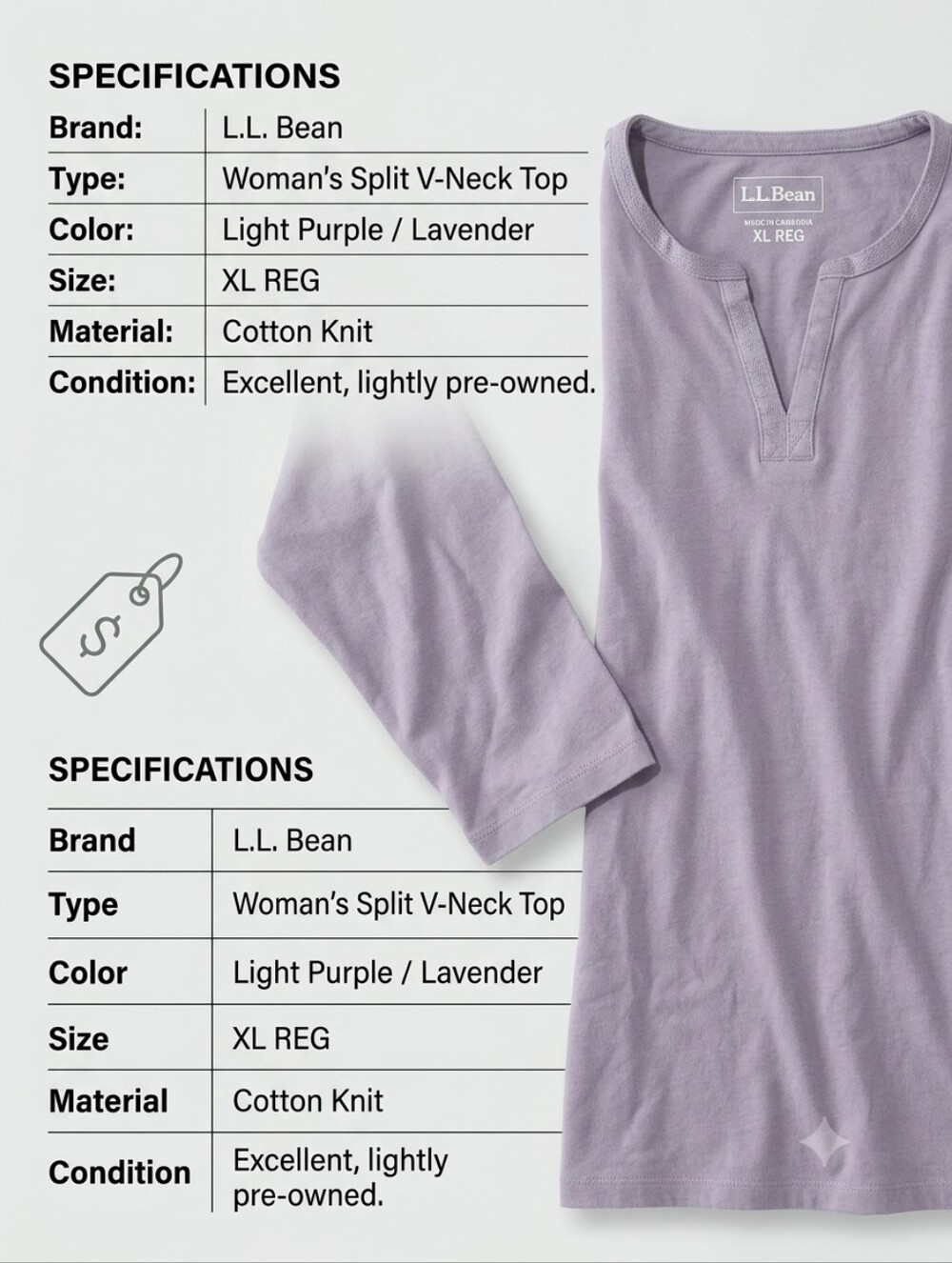 L.L. Bean Cotton Quarter Sleeve Split-Neck Tunic Shirt XL Lavender